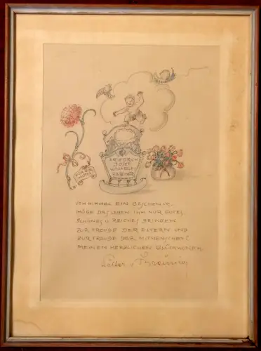 Kleine Zeichnung mit Gedicht zur Geburt eines Kindes „Friedrich Josef Wilhelm“
