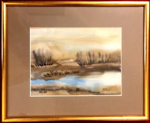 Aquarell Seenlandschaft auf Textil, monogrammiert KH, datiert 1986
