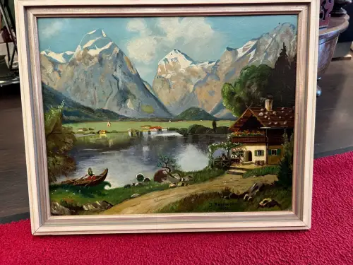 Gemälde, Öl a. Malpappe, Blick über den Achensee, Signiert, v. J. Reseneder 1932
