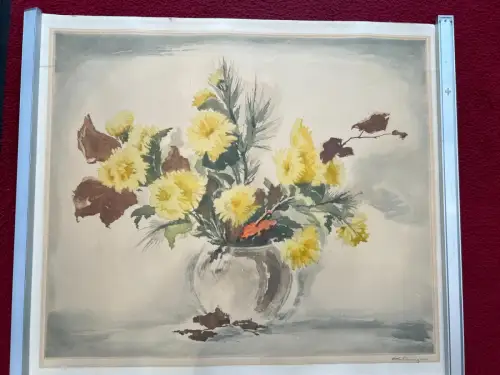 Lithografie,Blumenstrauss in Vase, Signiert, Künstler unbekannt,