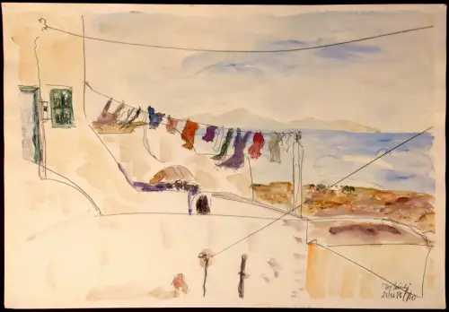 Aquarell „Die Wäsche“, signiert, datiert 20.10.1986