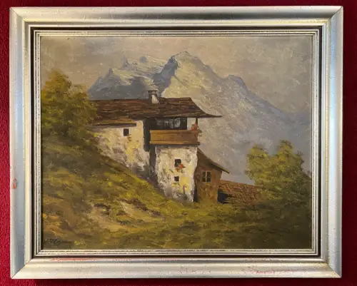 Gemälde, Öl a. Malpappe, Alpenlandschaft, unleserlich signiert