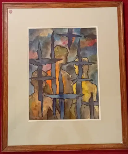 Aquarell, Hugo Asbach, Menschen hinter Gittern,Papier,unter Passepartout,gerahmt