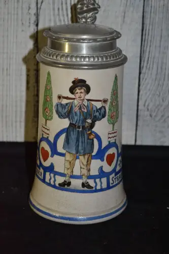 Bierkrug 0,5 Liter, Zinndeckel,ca.1920,Servus Bruder Straubinger