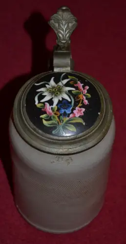 Bierkrug,1,Liter, Zinndeckel,Porz.deckel,Edelweiß,ca.1900,