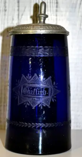 Bierkrug,Kobaltglas,Biedermeier, Zunft der Hufschmiede,Zinndeckel N.H.+Gravur