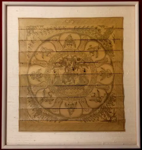 Palmblatt-Faltbuch aus getrockneten Blättern der Stechpalme, gerahmt unter Glas