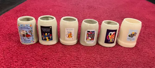 Mini-Bierkrüge, Oktoberfest ,Steingut, ca. 75 ml, 6 Stück, 2011-15 und 2017