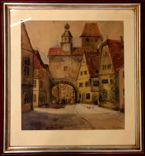 Tempera-Gemälde Plönlein, Rothenburg o. d. Tauber, signiert, gerahmt unter Glas