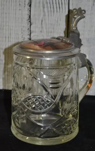 Bierkrug,ca. 0,4 Lit, Zinndeckel, Porzellanmedaillon bemalt, Mitte 19. Jhdt.