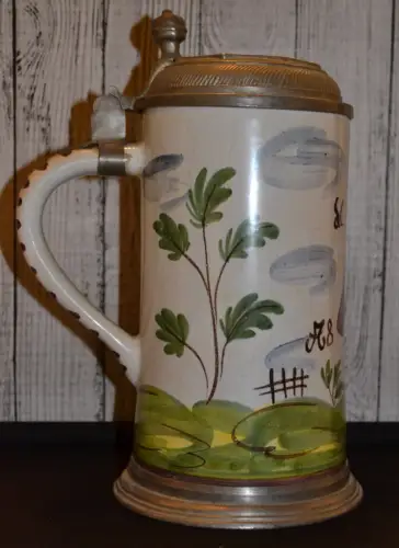 Bierkrug, Fayence, handbemalt, Zinndeckel, Zinnsockel,  1 L, Jahr 1762