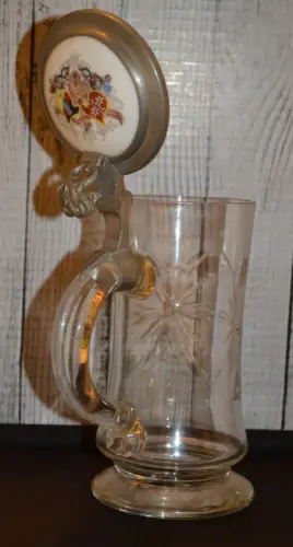 Bierkrug,0,5 Liter, Zinndeckel,  Porzellanmedaillon, FFFF, Wahlspruch der Turner