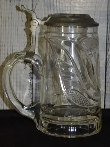 Bierkrug 0,5 Liter,Zinndeckel mit Glaseinsatz, zweite Hälfte 19. Jhdt, Gravur JF
