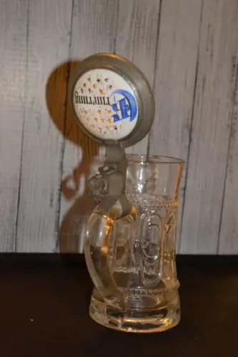 Bierkrug, Erinnerung, 0,5 L, Glas, Zinndeckel mit Porzellanmedaillon, 19. Jhdt