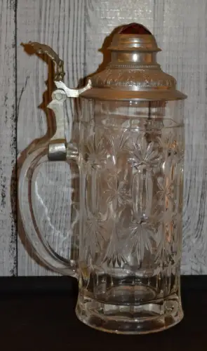 Bierkrug, 0,5 L , Formglas,  Zinndeckel mit dem braunen Glasstein, um 1900