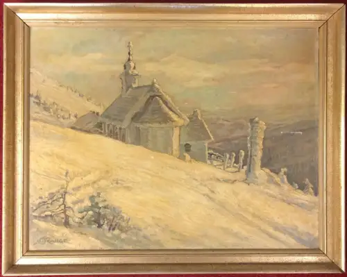Ölgemälde Winterlandschaft im Gebirge mit Kapelle, signiert „Range“, gerahmt
