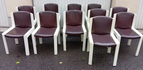 11 Stühle,Pozzi,Joe Colombo 300,braun,Sörensen Leder,gebraucht,Eichenholz weiss