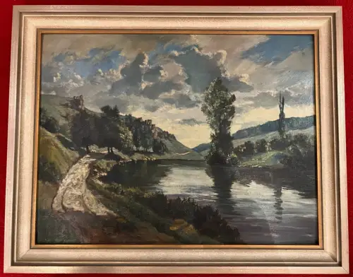 Gemälde, Öl auf Malkarton,Am Weiher,unleserlich Signiert, 62cm x 48cm mit Rahmen