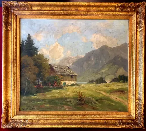 Ölgemälde Sommerliche Gebirgslandschaft von Oscar Leu, gerahmt