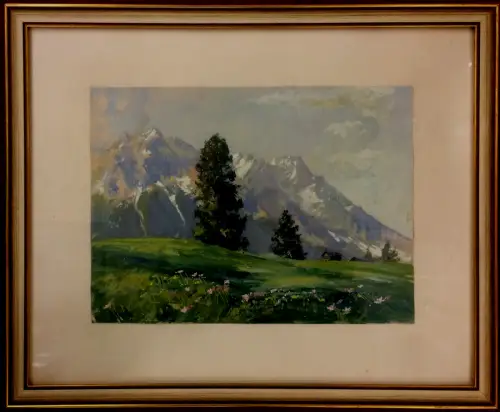 Tempera Gemälde Oberbayerische Gebirgslandschaft, signiert, gerahmt unter Glas