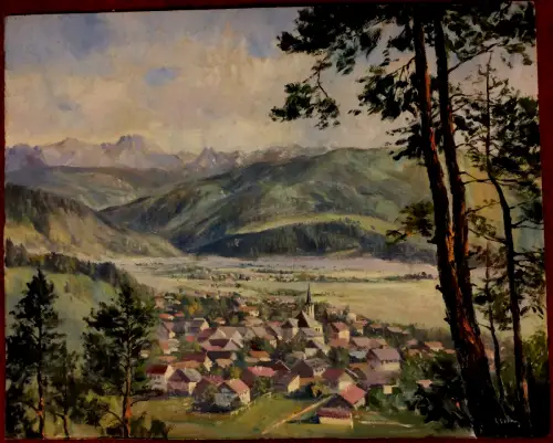 Ölgemälde Partenkirchen vor Dreitorspitze auf Karton, signiert, ungerahmt