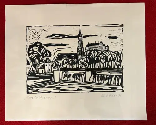 Linolschnitt, Landshut, Bayern, signiert Alois Huber, 1978