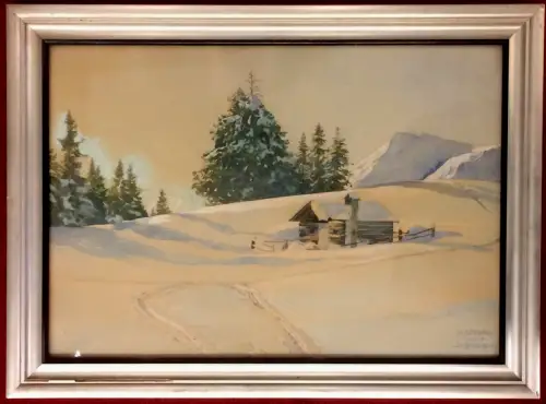 Aquarell Winterlandschaft im Gebirge von Heinrich Seebach, 1927, gerahmt