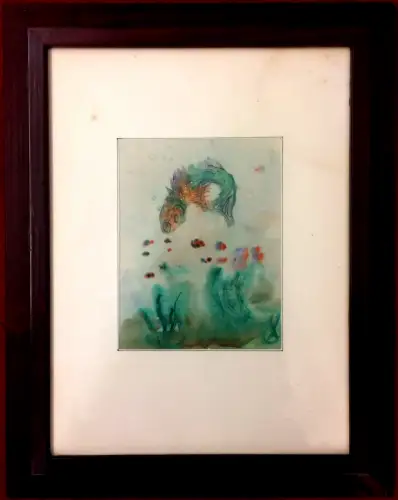 Aquarell Unterwasserlandschaft mit großem Fisch, nicht signiert, gerahmt