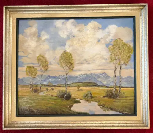 Gemälde, Öl auf Holz, Voralpenlandschaft, unsigniert, 70cm x 60 cm mit Rahmen