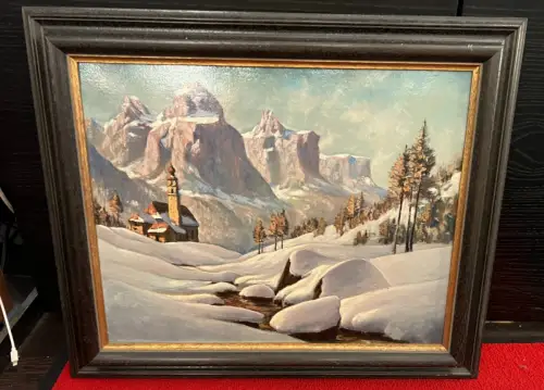 Gemälde,Öl auf Holz, Dolomiten, 62cm x 51cm mit Rahmen,unleserlich signiert
