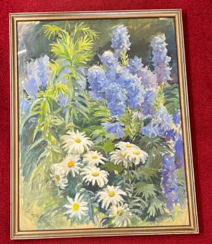Tempera, Blumen, signiert J. Schaale, 48,5 x 62,5 cm mit Rahmen