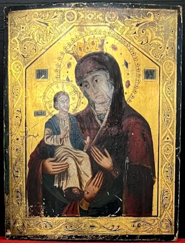 Ikone, Gottesmutter,  Tricherousa, dreihändige, Holz,19.Jhdt, wohl Griechenland