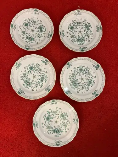 Meißen, Porzellan, 5 Kuchenteller, Neuer Ausschnitt, Indische Malerei grün,reich