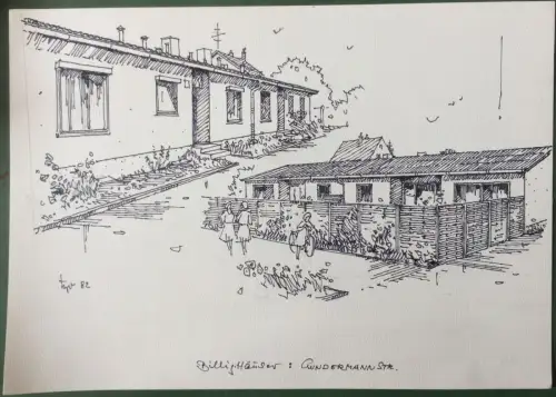 München–Billighäuser Gundermannstraße – Original-Tusche-Zeichnung, signiert 1982