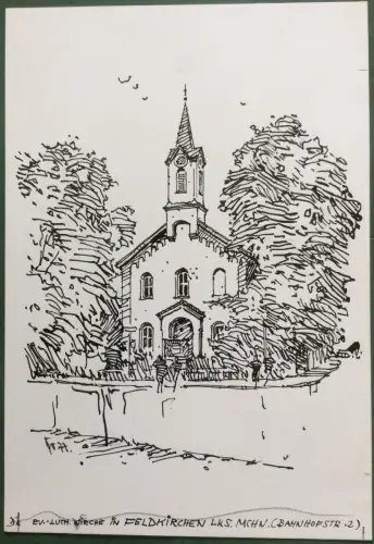 Kirche St. Georg in Unterbiberg– Original-Tusche-Zeichnung, K. S. Bauer Oltsch