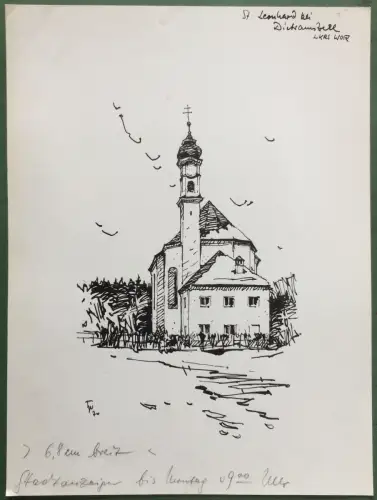 Kirche St. Leonhard in Dietramszell – Original-Tusche-Zeichnung, Bauer-Oltsch