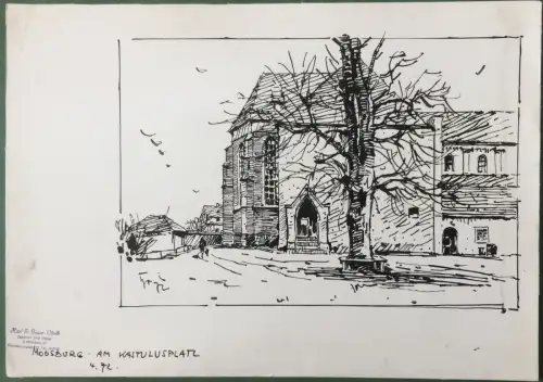 Moosburg am Kastulusplatz - Orig.-Tusche-Zeichnung von Karl Sally Bauer-Oltsch