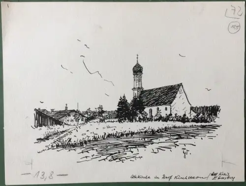 Kirchseeon - Alte Kirche - Original-Tusche-Zeichnung von Karl Sally Bauer-Oltsch