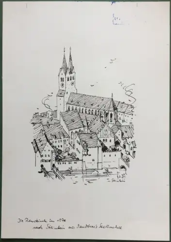 München – Peterskirche um 1570 - Orig.-Tusche-Zeichnung von K. S. Bauer-Oltsch