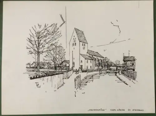 Oberhaching - Kirche St. Stephan - Orig.-Zeichnung von Karl Sally Bauer-Oltsch