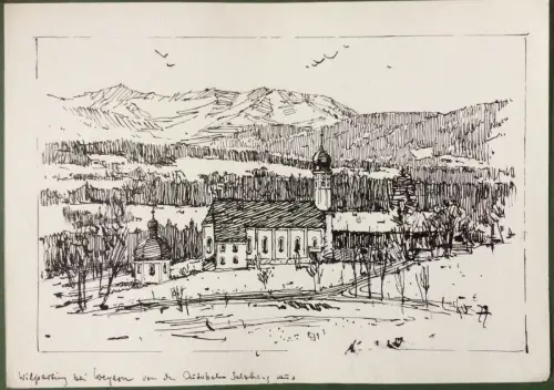 Wilperting bei Weyarn - Original-Tusche-Zeichnung von Karl Sally Bauer-Oltsch