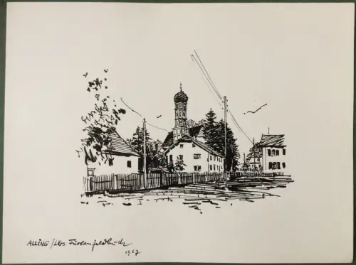 Alling Landkreis Fürstenfeldbruck - Org.-Tusche-Zeichnung v. K. S. Bauer-Oltsch