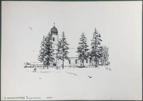 Siegertsbrunn Kirche St. Leonhard - Original-Tusche-Zeichnung K. S. Bauer-Oltsch