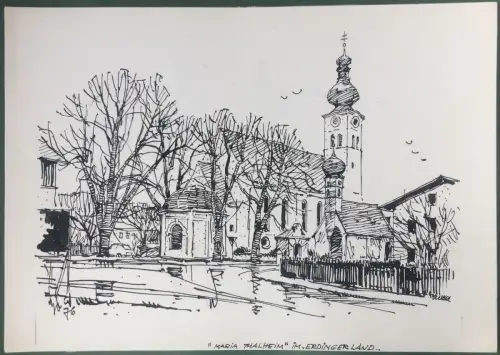 Wartenberg – Friedhof mit der alten Pfarrkirche - Original-Tusche-Zeichnung