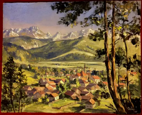 Ölgemälde Partenkirchen vor Dreitorspitze auf Karton, signiert, ungerahmt