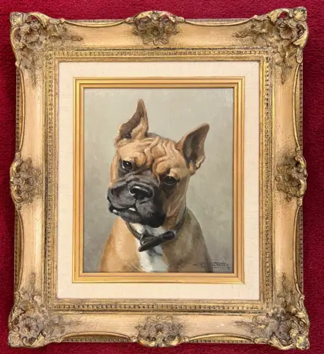 Gemälde, Öl auf Malkarton, Hund, Boxer, Jacques Cartier,