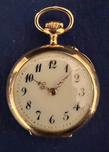 Taschenuhr, Damen,  14Kt Gold, Durchmesser 34 mm, Länge mit Ring 43 mm