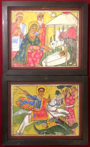 Tempera–Malerei Geburt Jesu und Drachentöter St. Georg - signiert, gerahmt