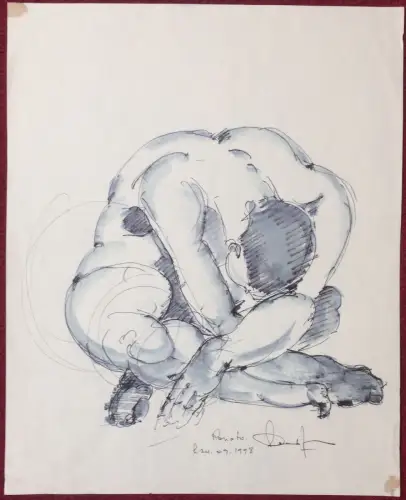 Colorierte Tuschezeichnung Kauernder Mann, signiert, datiert 24.9.1998