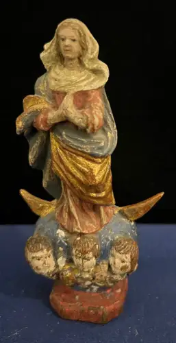 Mondsichelmadonna, Holzgeschnitzt ,koloriert, 18. Jahrhundert, Höhe 12,5 cm